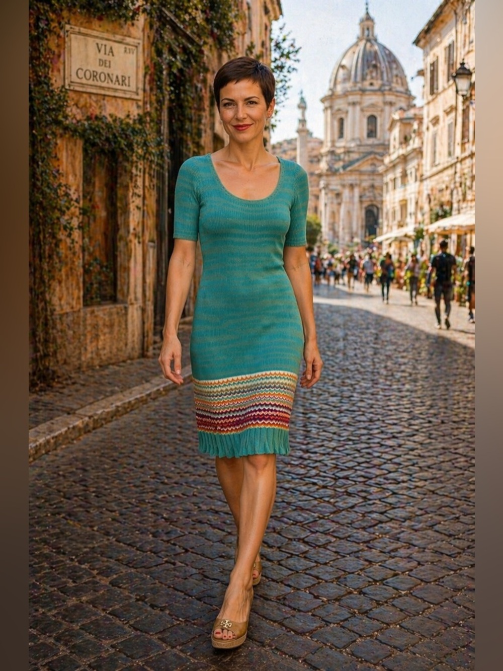 M Missoni Chevron Knit Dress Italy Turquoise Scoop Neck Stretch Pleated Hem Midi